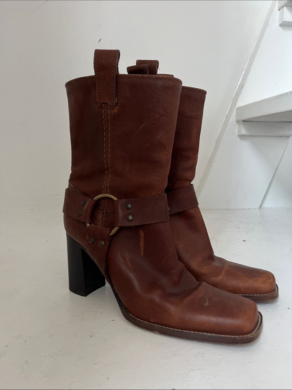 Michael Kora Brown Leather Mid-Calf Harness Heeled Boots